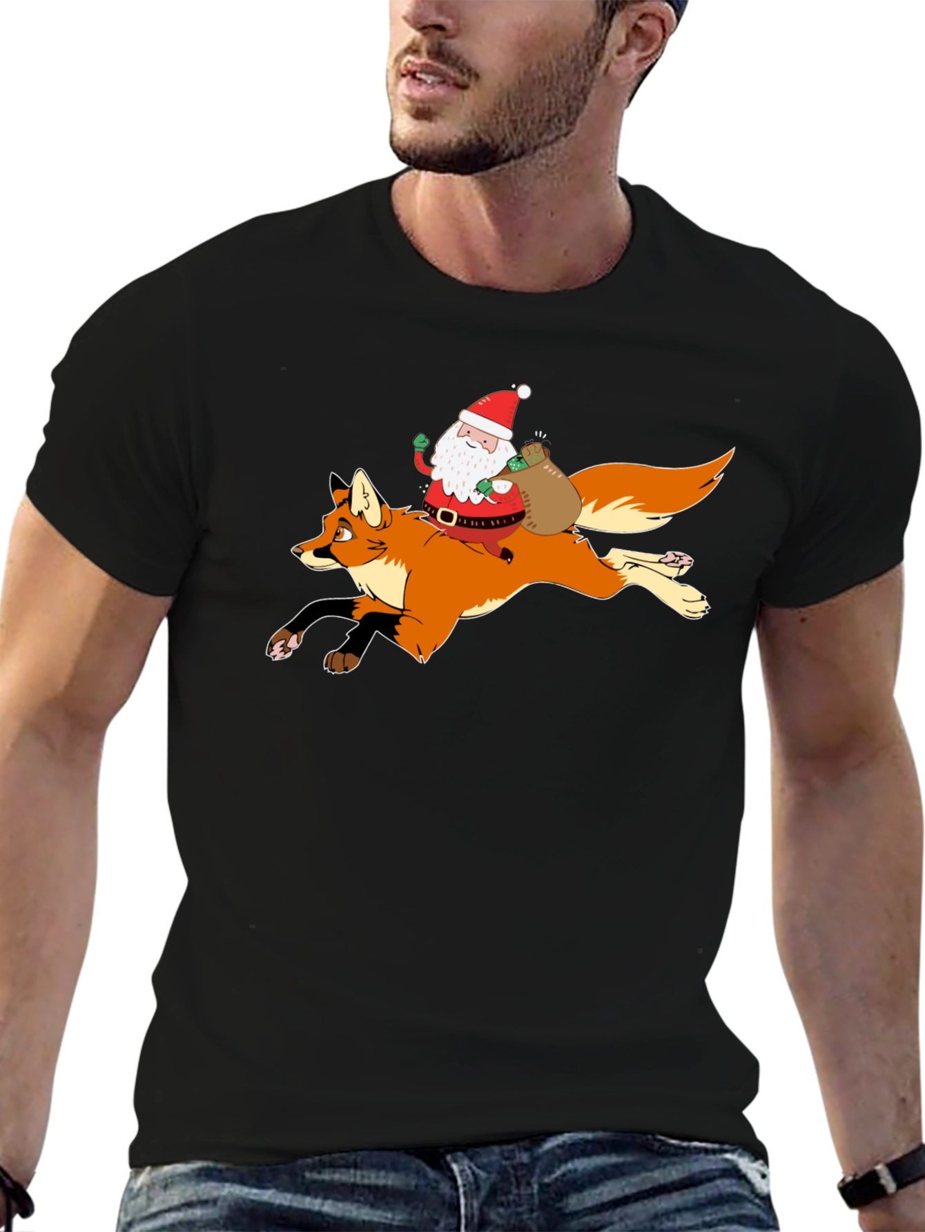 Santa Riding Fox Black T-Shirt