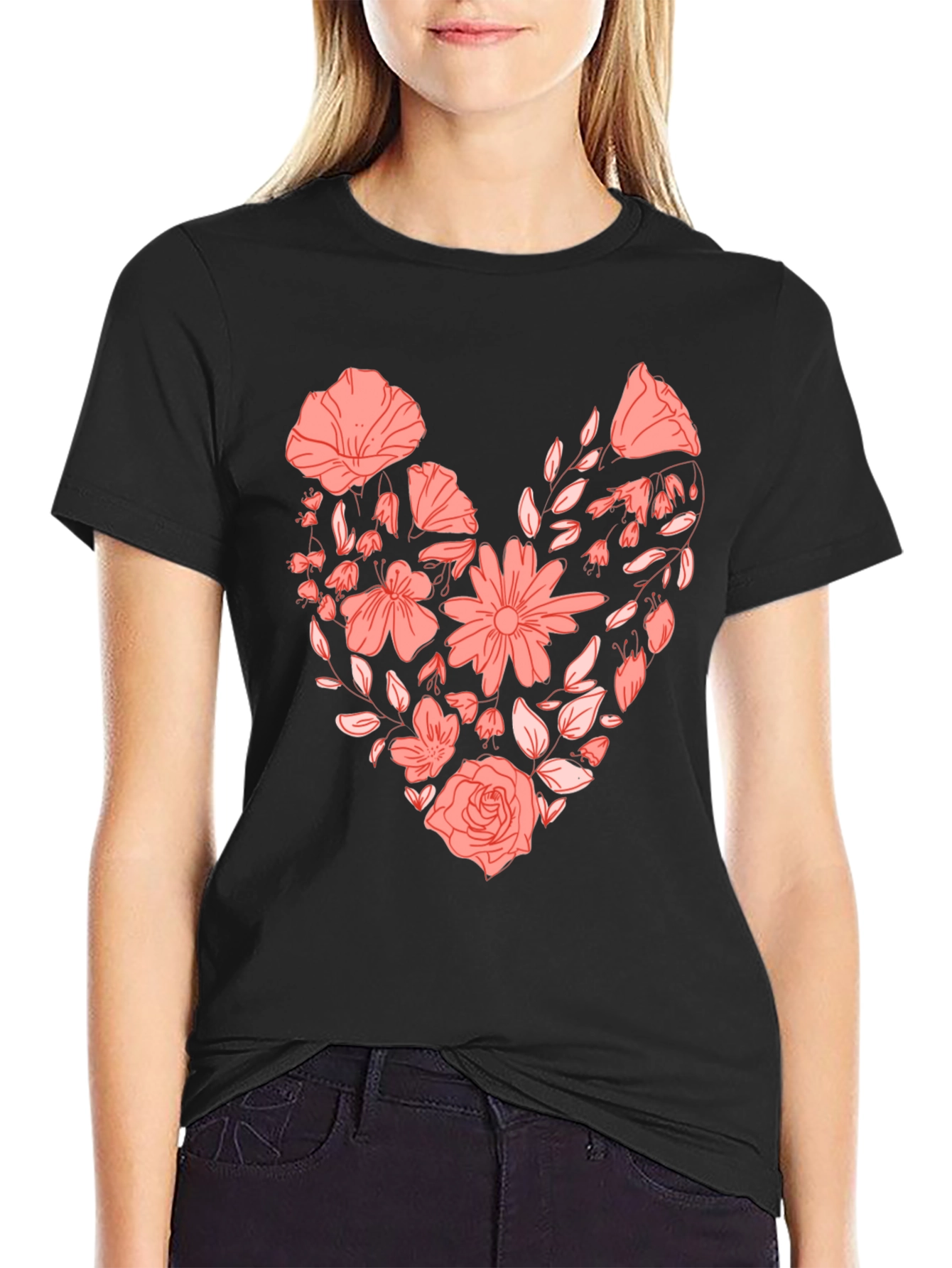 Floral Heart Graphic Tee - Black