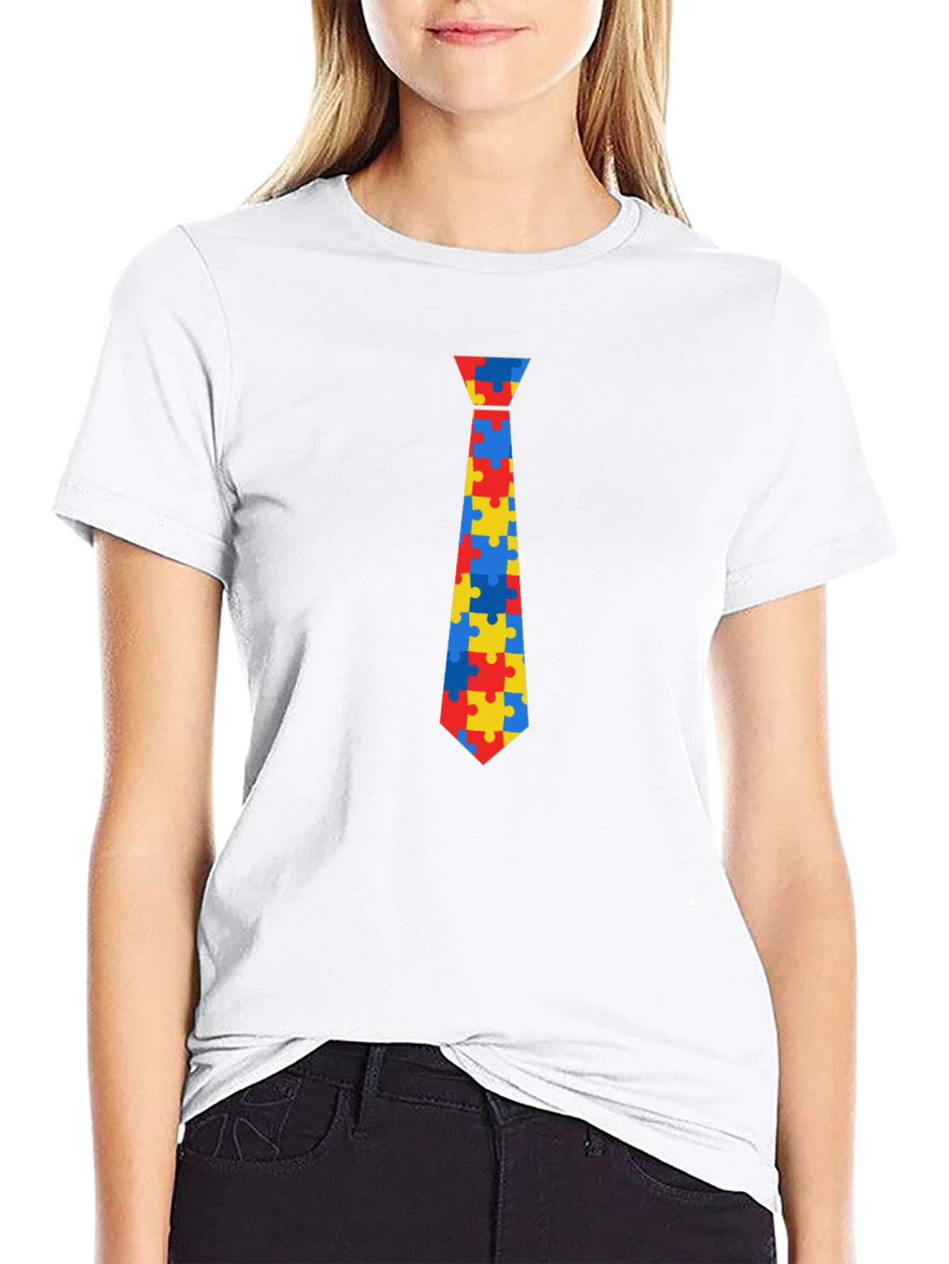 Autism Awareness Puzzle Tie Graphic Tee - Black