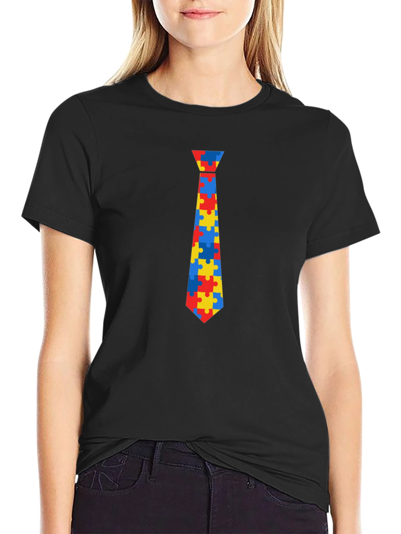 Autism Awareness Puzzle Tie Graphic Tee - Black