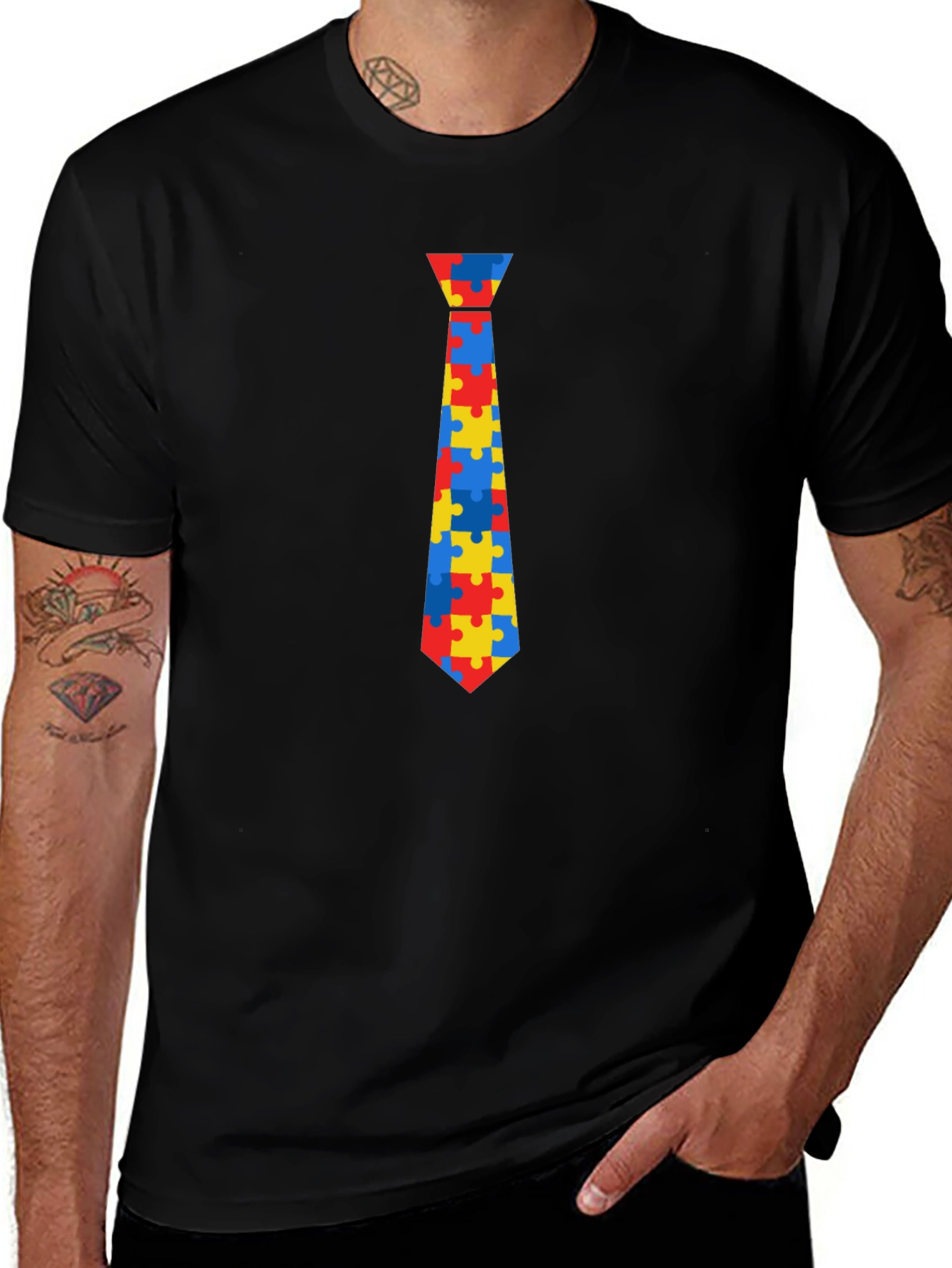 Autism Awareness Puzzle Tie Graphic Tee - Black