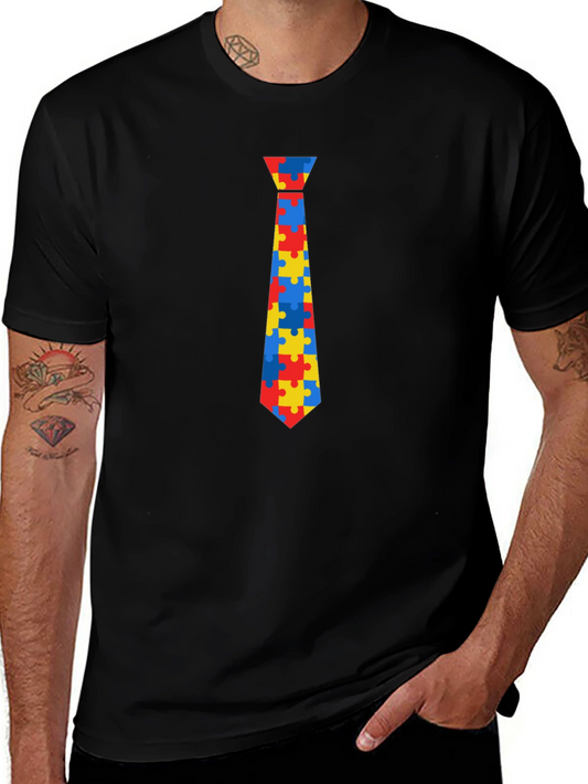 Autism Awareness Puzzle Tie Graphic Tee - Black