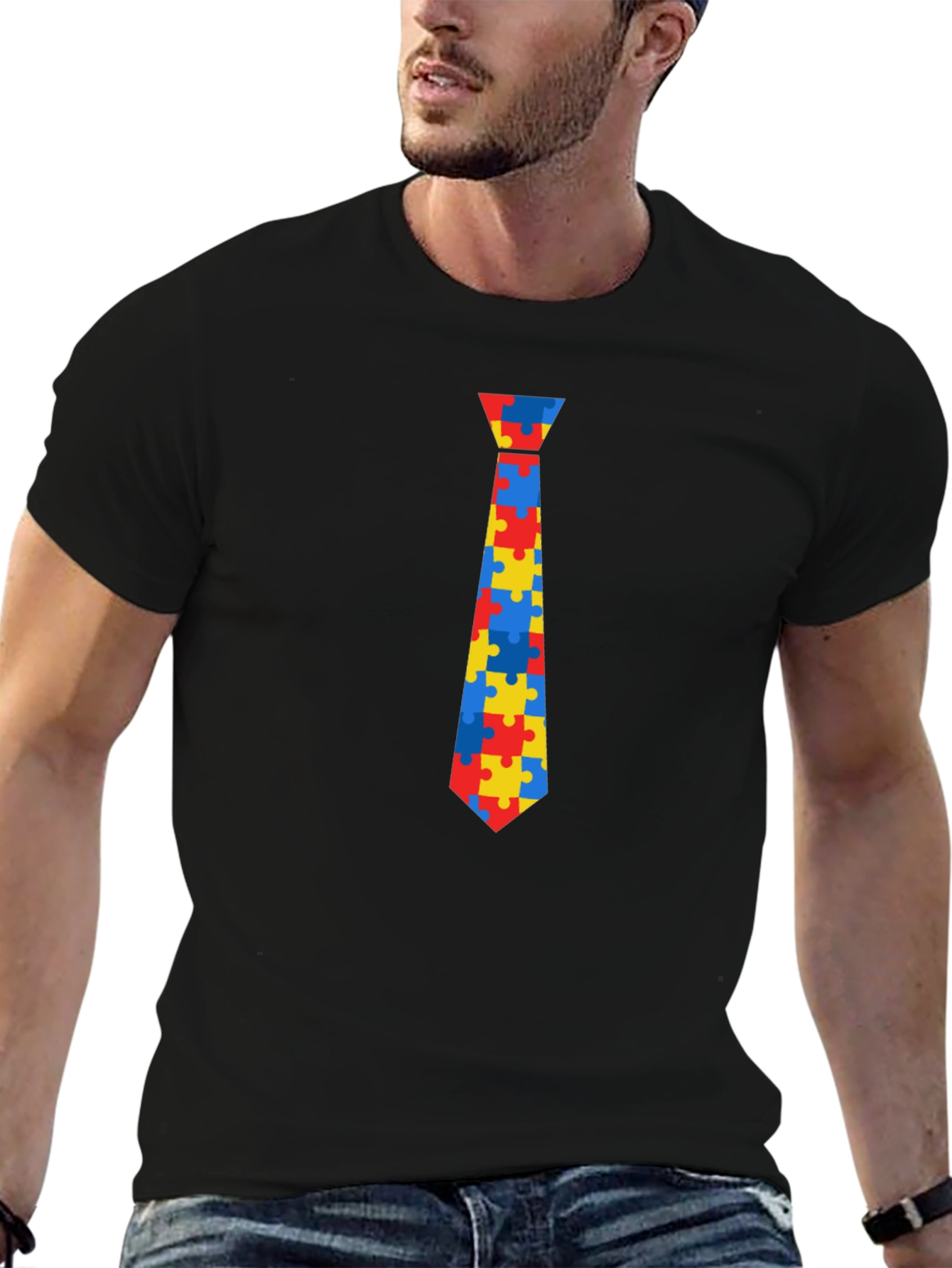 Autism Awareness Puzzle Tie Graphic Tee - Black