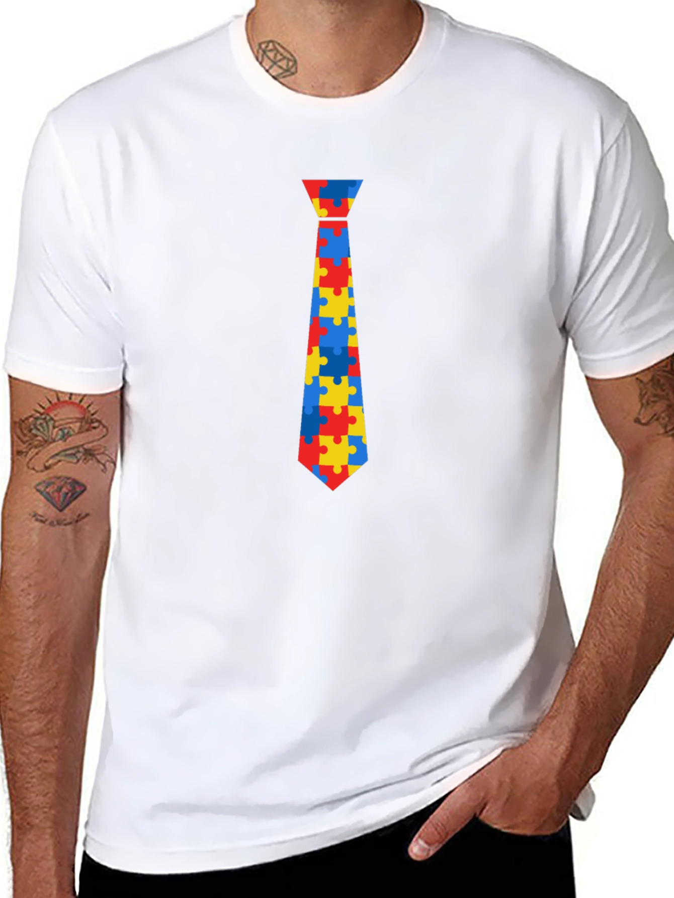 Autism Awareness Puzzle Tie Graphic Tee - Black