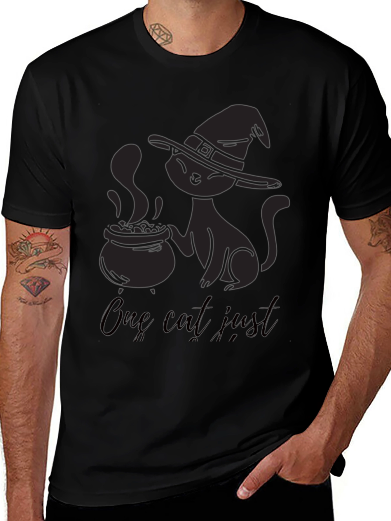 Spooky Black Cat Witch Cauldron Graphic T-Shirt