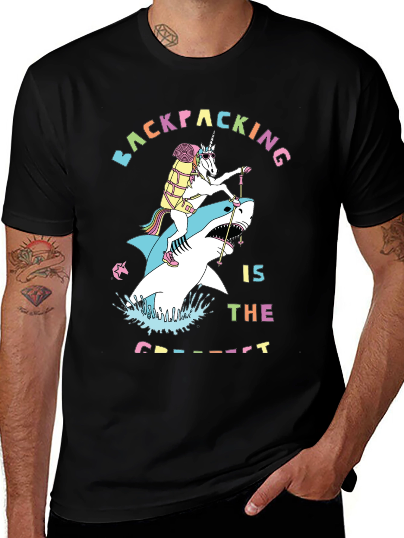 Backpacking Unicorn Shark Funny T-Shirt