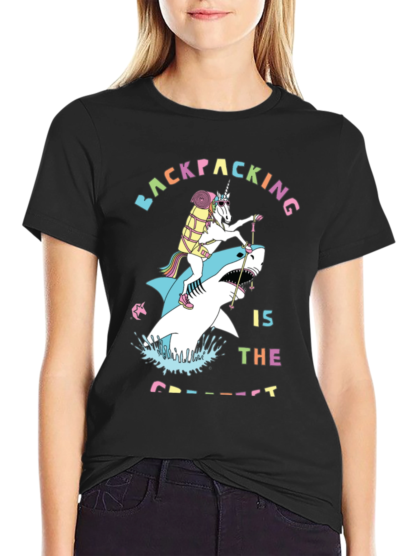 Backpacking Unicorn Shark Funny T-Shirt