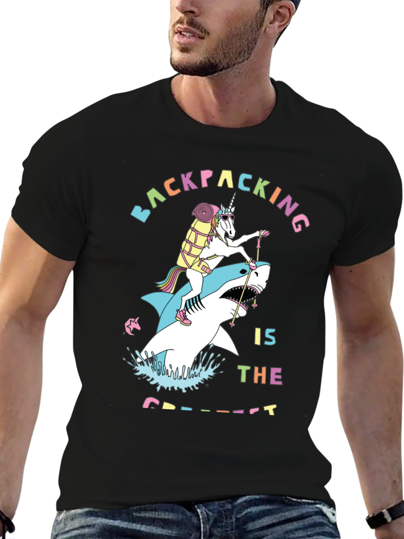Backpacking Unicorn Shark Funny T-Shirt