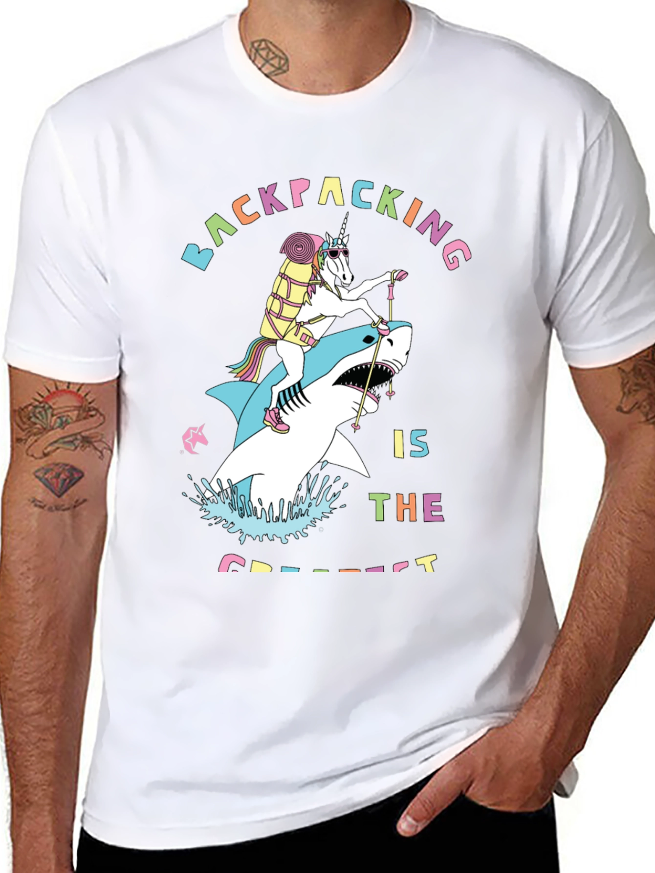 Backpacking Unicorn Shark Funny T-Shirt