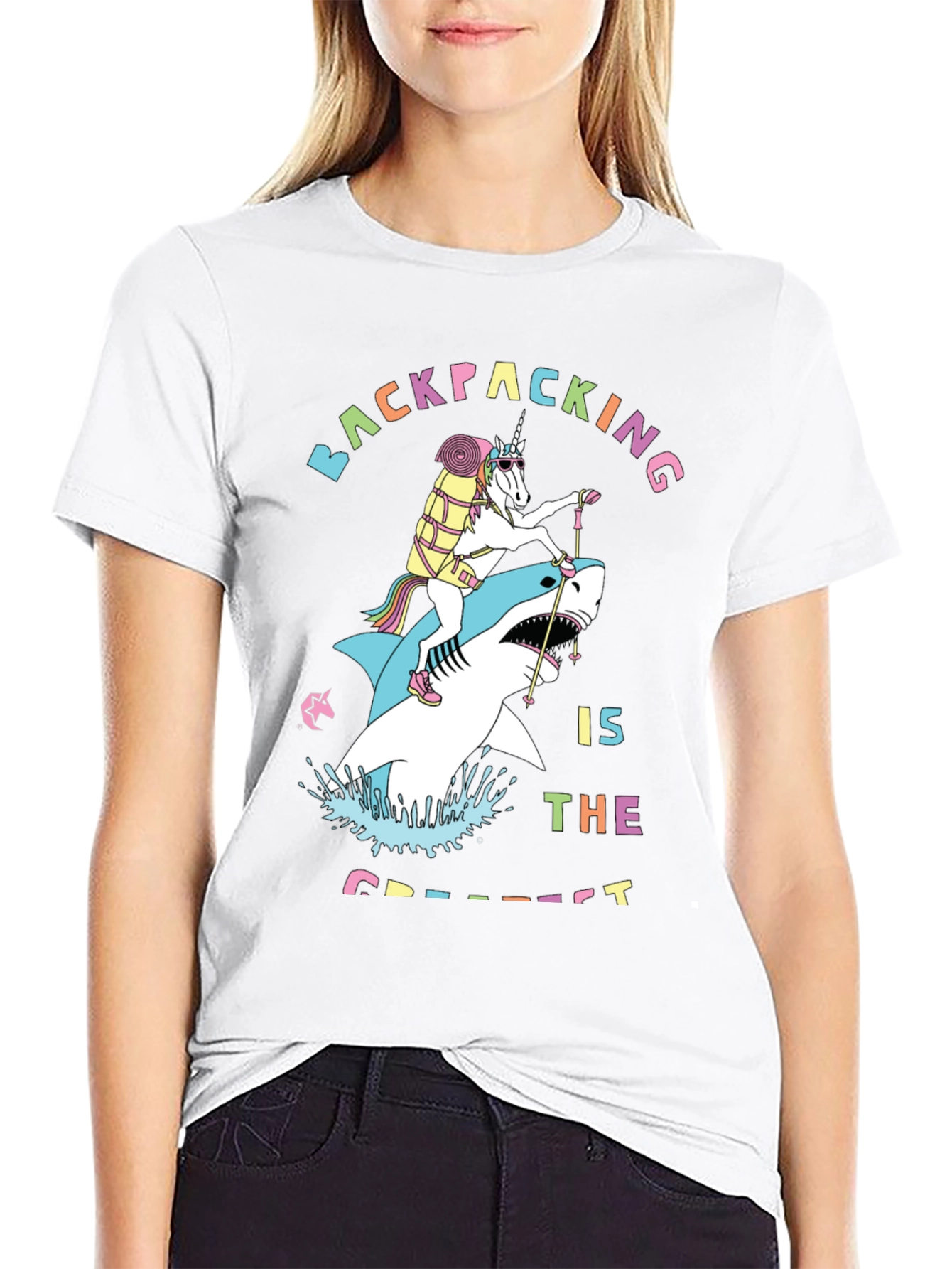 Backpacking Unicorn Shark Funny T-Shirt