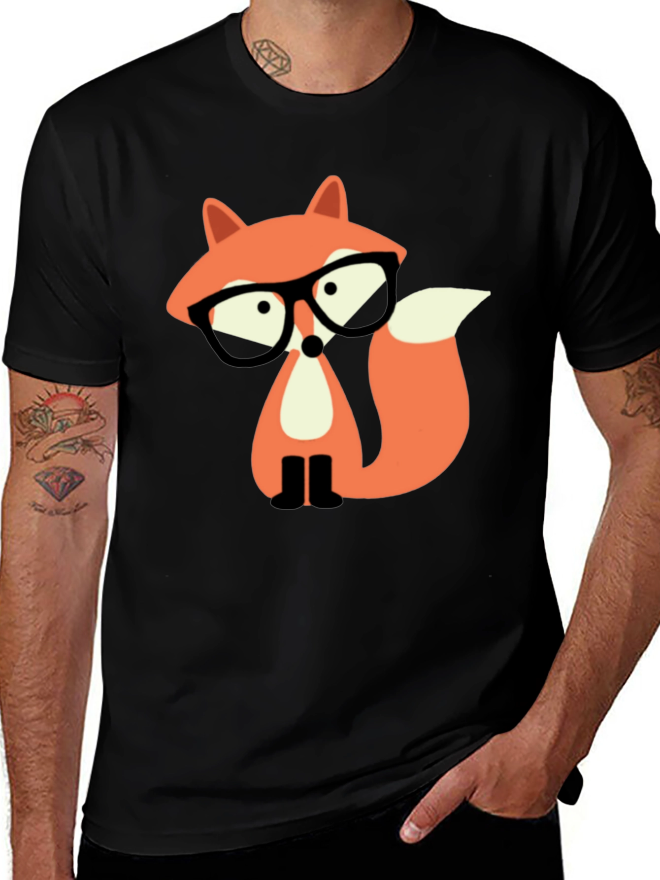 Fox with Glasses Graphic Tee - Black