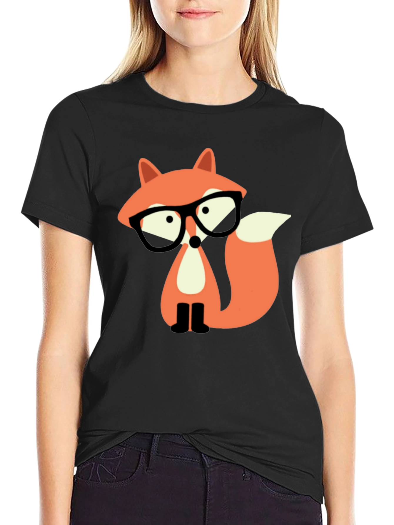 Fox with Glasses Graphic Tee - Black