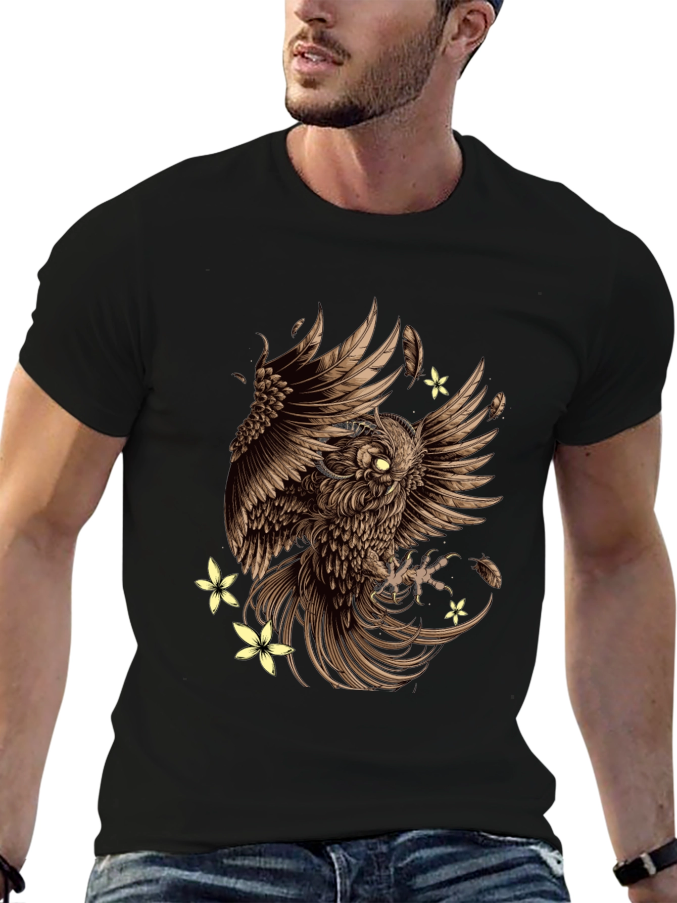 Owl & Flowers Graphic Tee - Mens Black T-Shirt