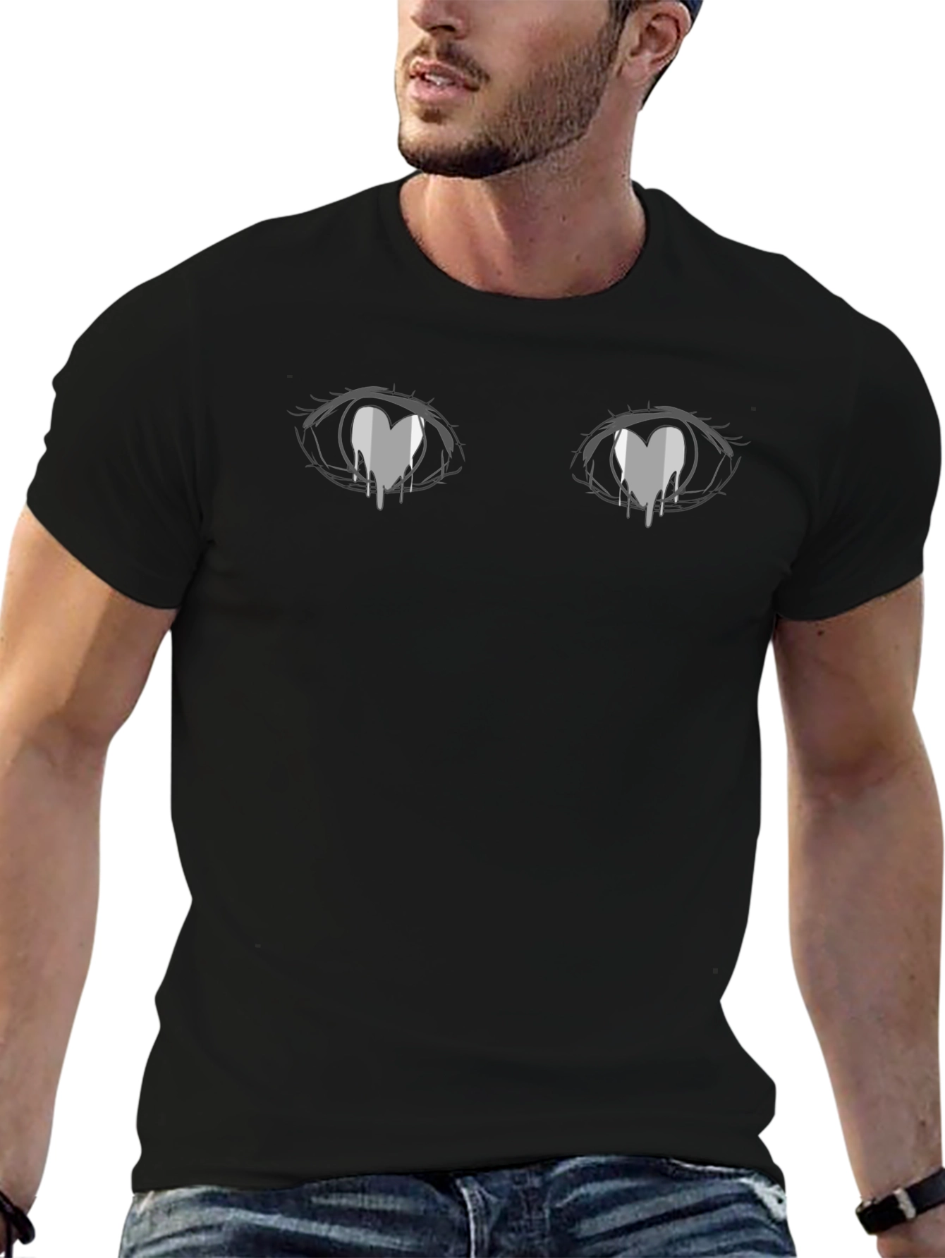 Anime Eyes Heart Tears Graphic Black T-Shirt