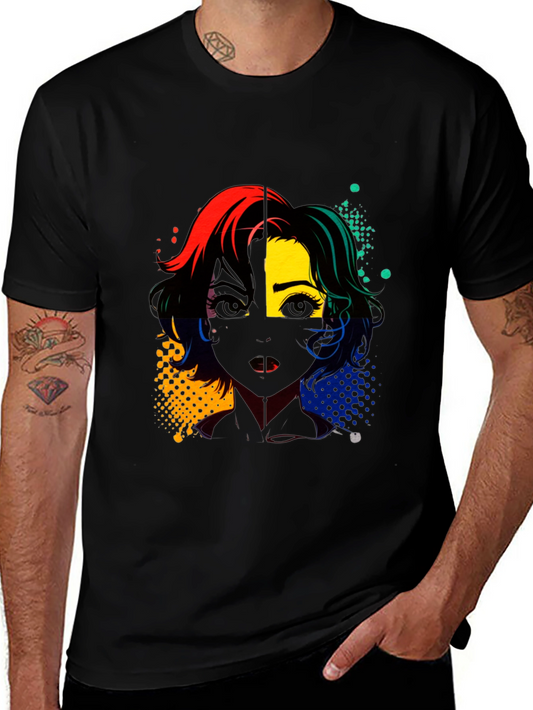 Colorful Anime Girl Graphic Print Black T-Shirt