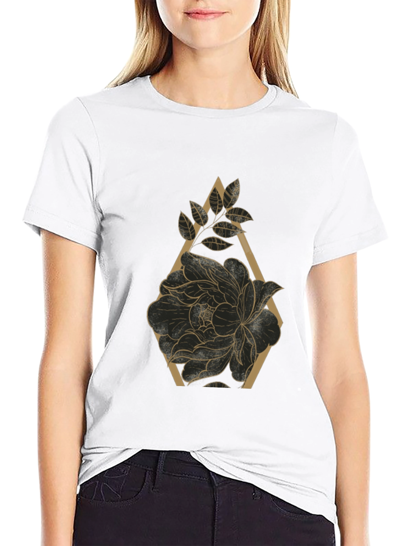 Black T-Shirt with Floral Geometric Design