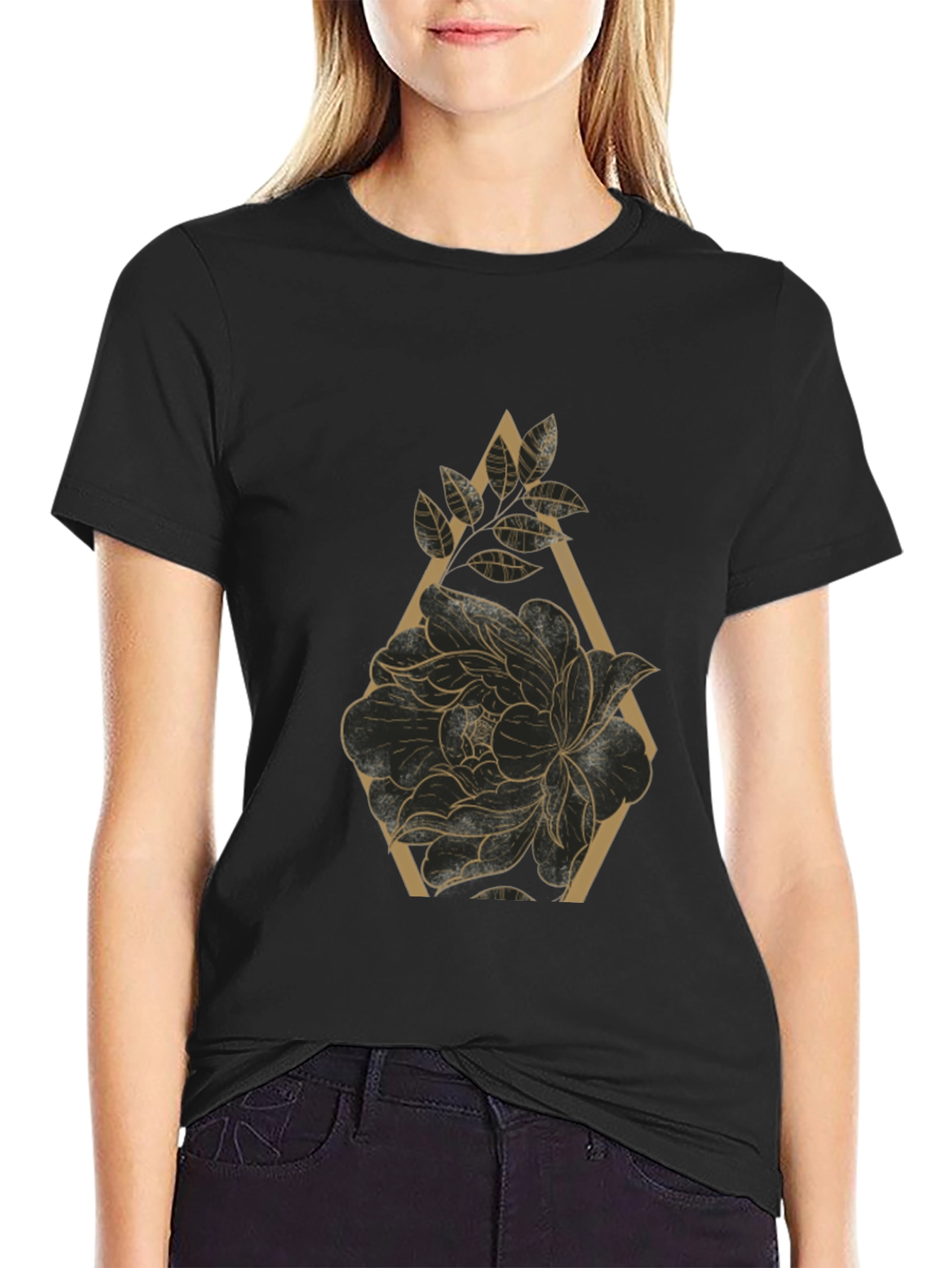 Black T-Shirt with Floral Geometric Design