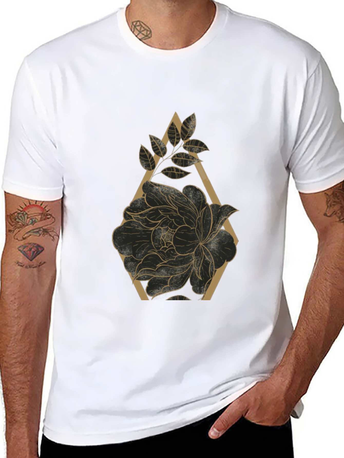 Black T-Shirt with Floral Geometric Design
