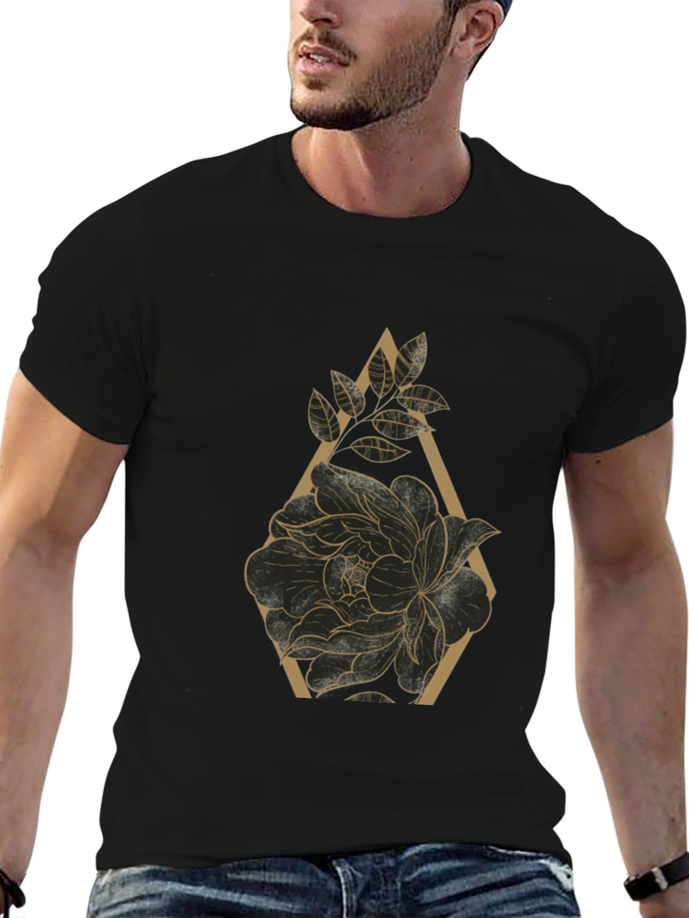 Black T-Shirt with Floral Geometric Design
