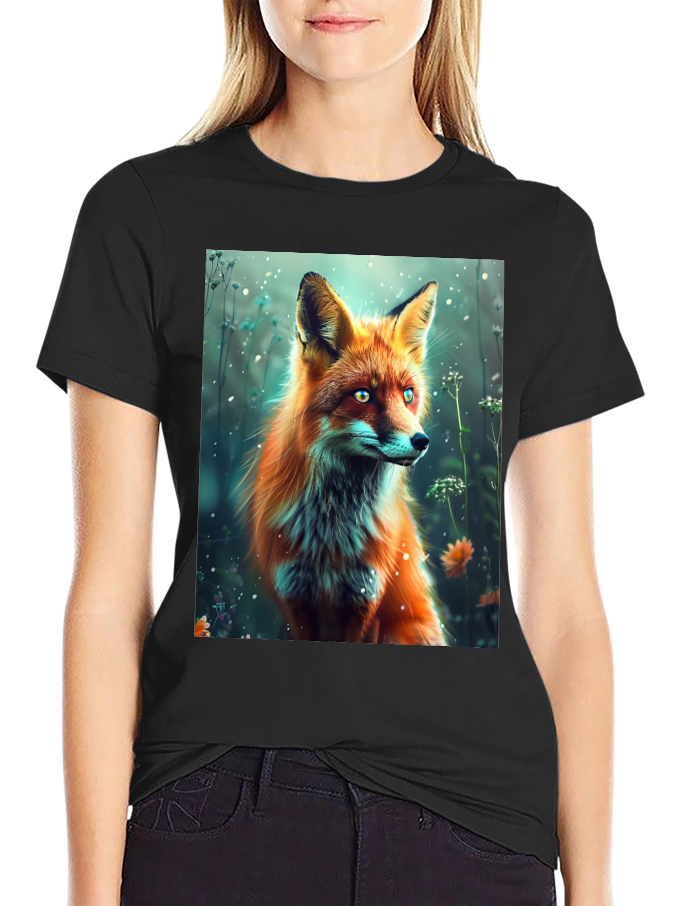 Fox Art Print Black T-Shirt