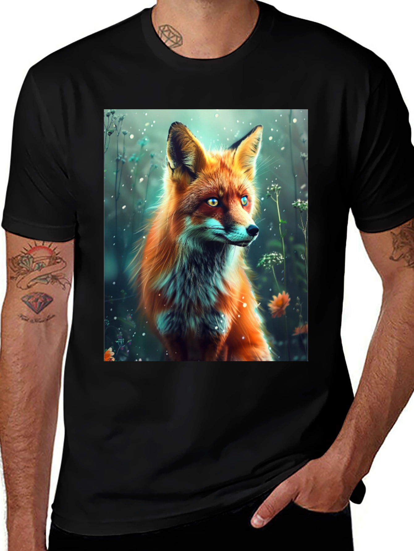 Fox Art Print Black T-Shirt
