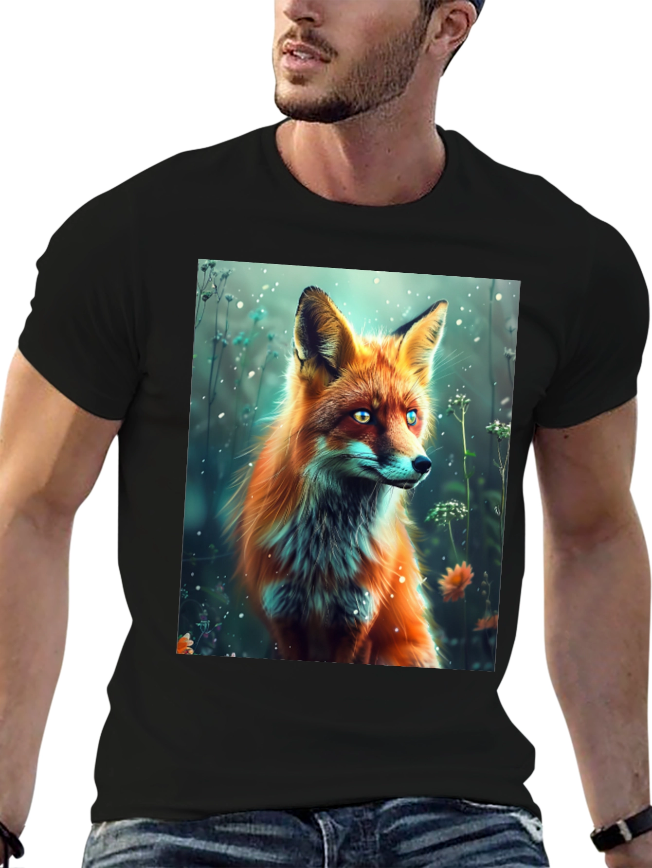 Fox Art Print Black T-Shirt