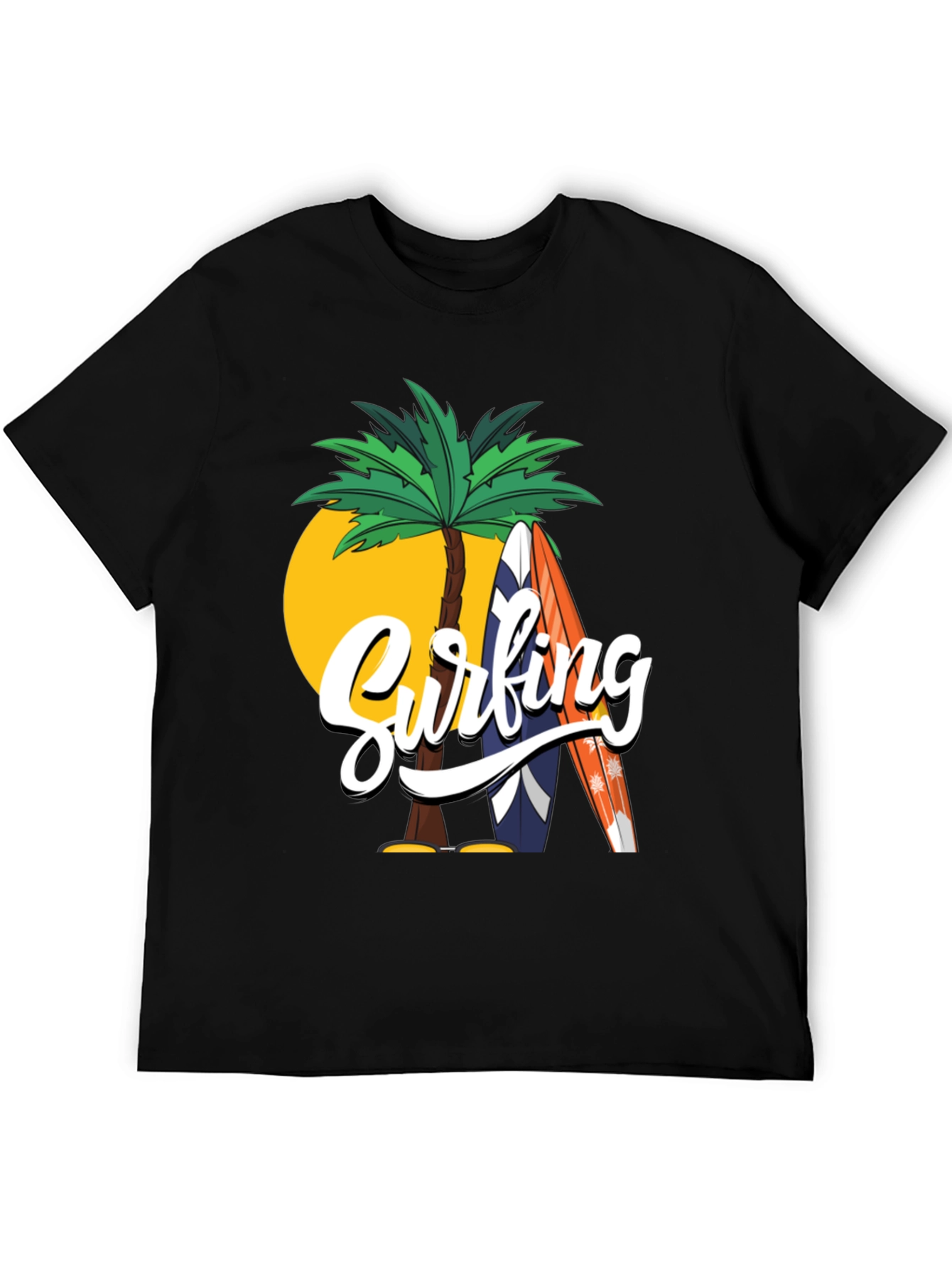 Surfing Palm Tree Graphic Black T-Shirt