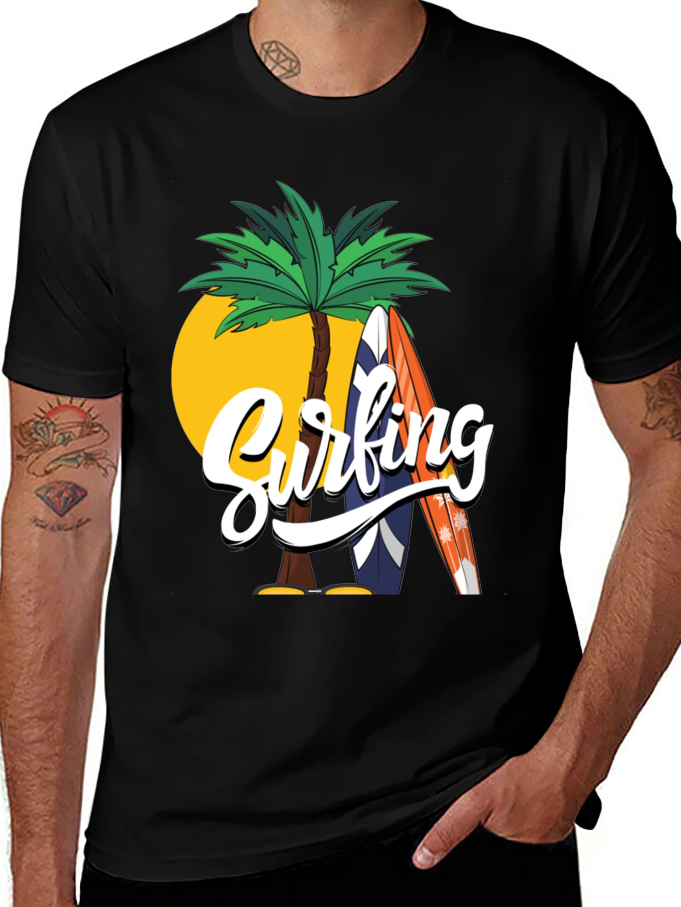 Surfing Palm Tree Graphic Black T-Shirt