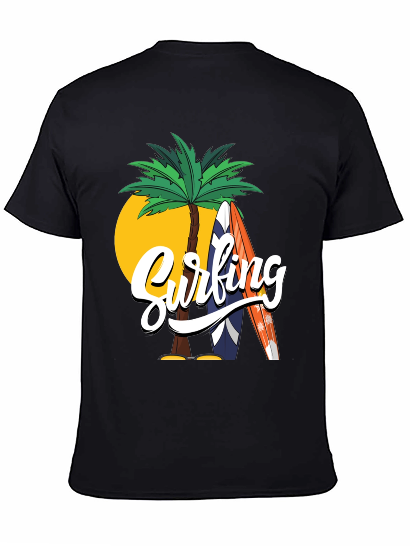 Surfing Palm Tree Graphic Black T-Shirt