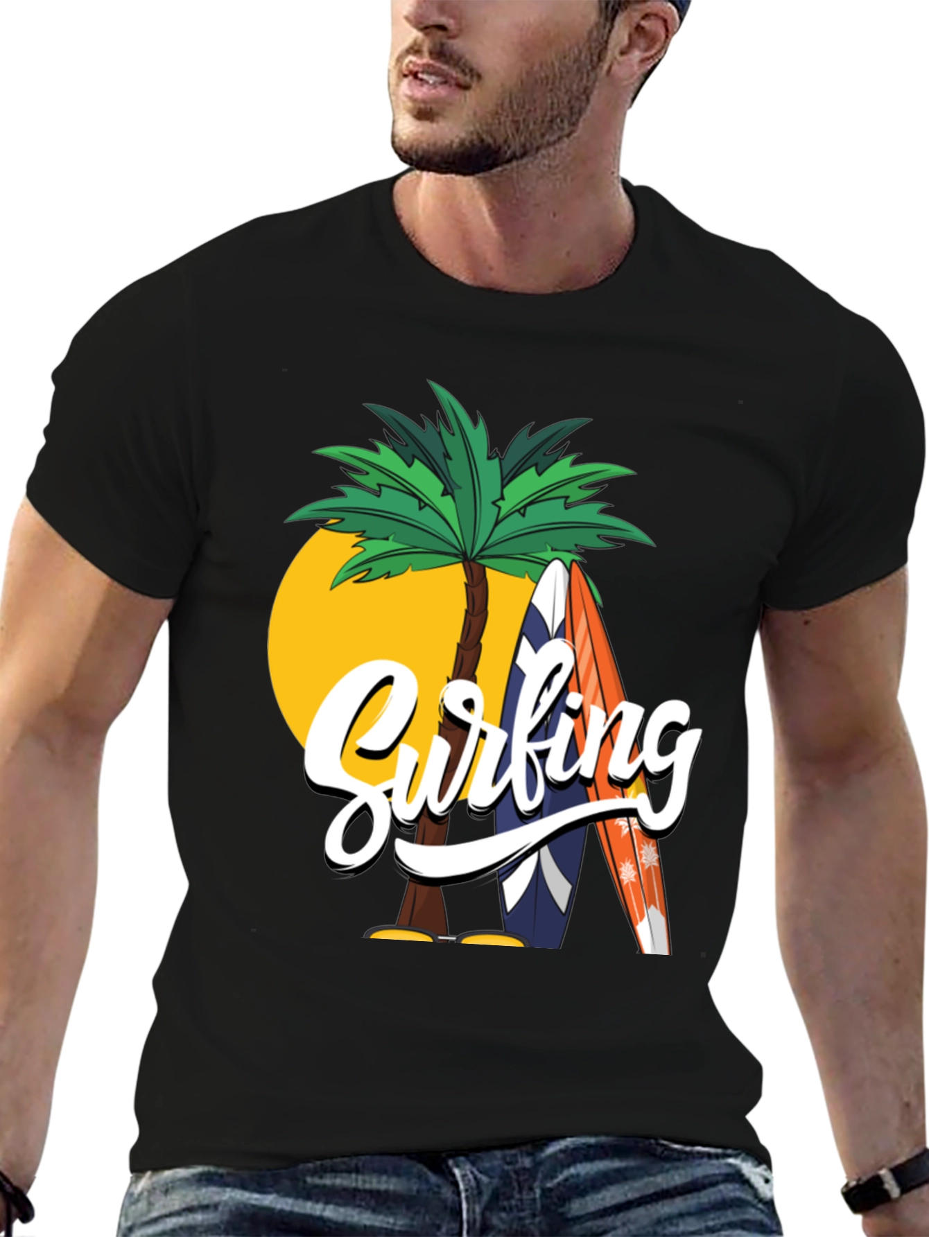 Surfing Palm Tree Graphic Black T-Shirt