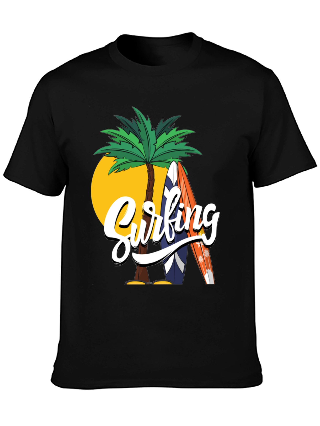 Surfing Palm Tree Graphic Black T-Shirt