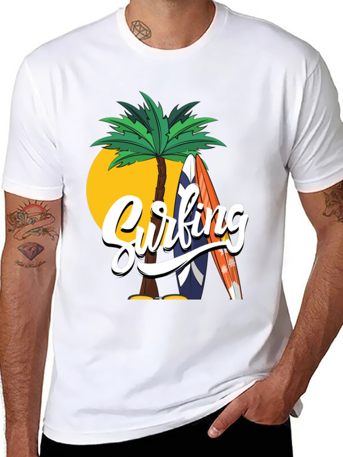 Surfing Palm Tree Graphic Black T-Shirt