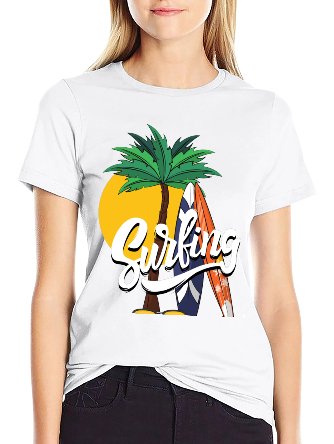 Surfing Palm Tree Graphic Black T-Shirt