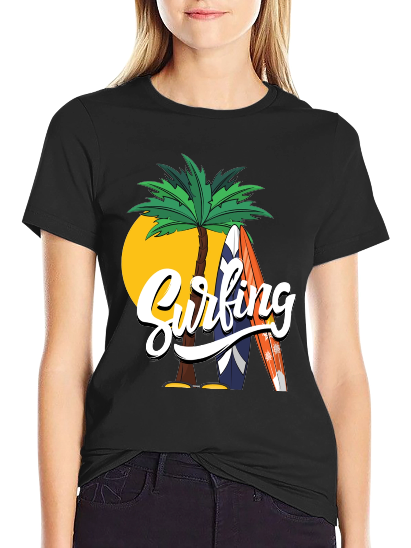 Surfing Palm Tree Graphic Black T-Shirt
