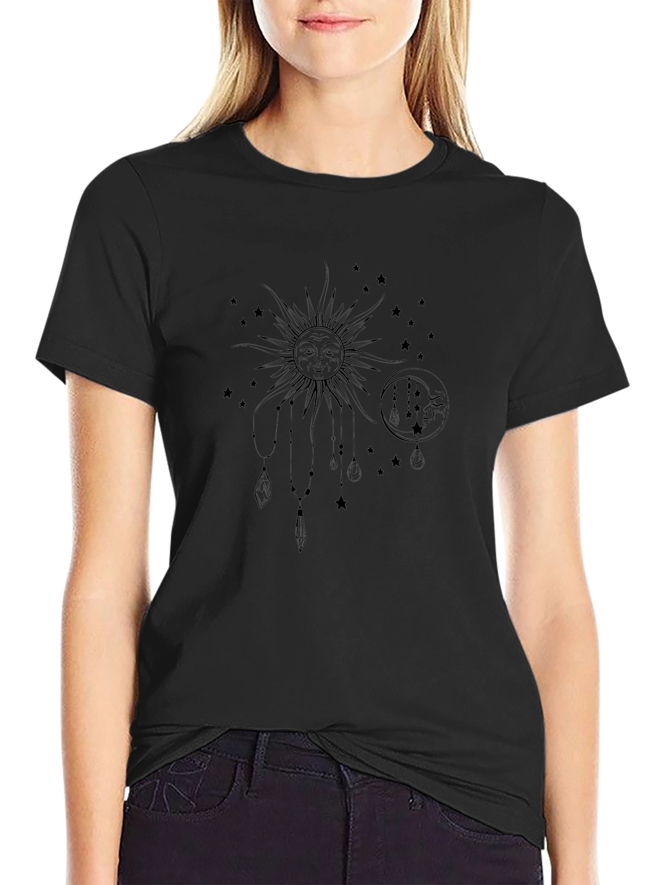 Celestial Sun & Moon Graphic Tee - Black