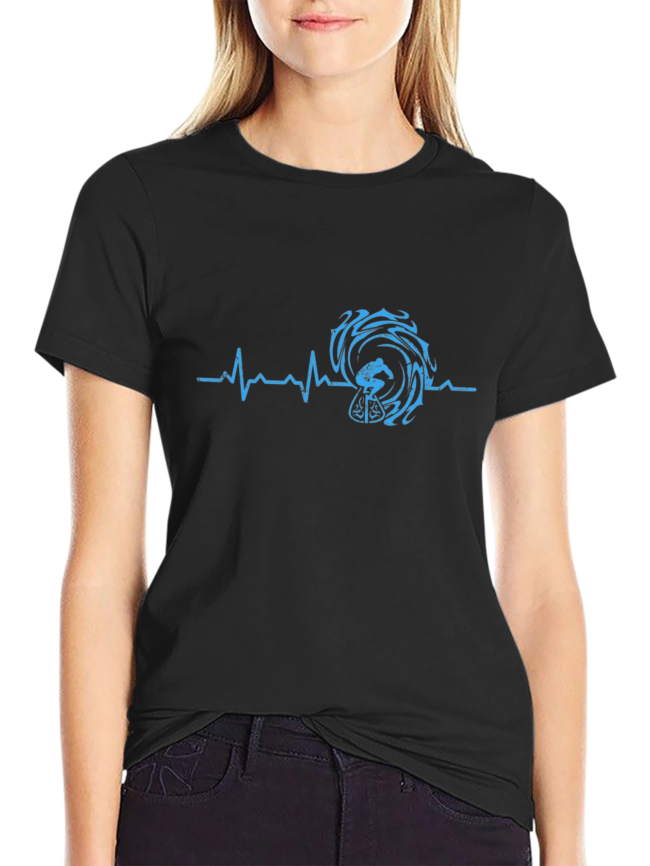 Surfing Heartbeat Tee - Black Graphic T-Shirt