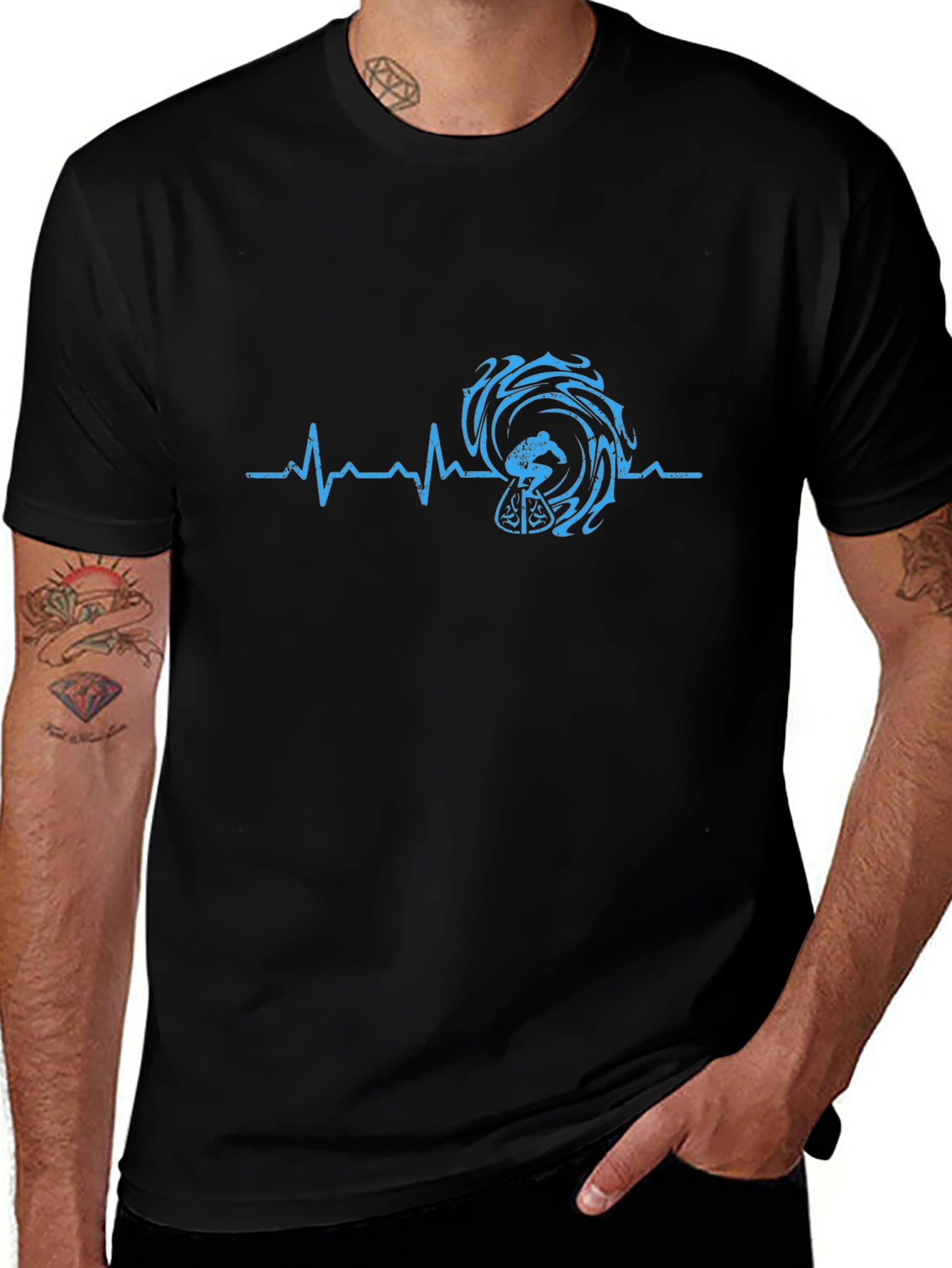 Surfing Heartbeat Tee - Black Graphic T-Shirt