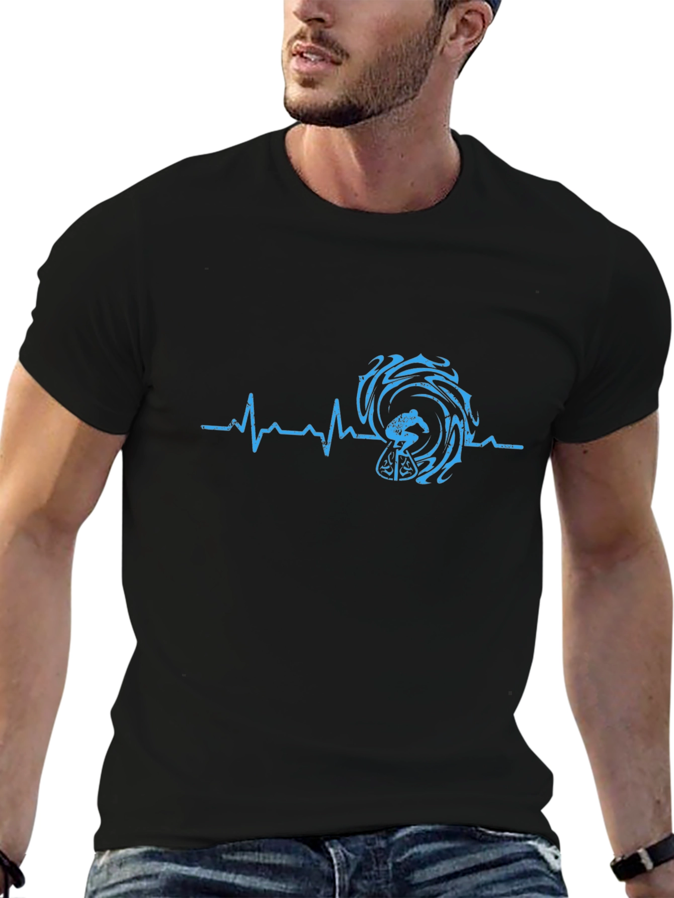 Surfing Heartbeat Tee - Black Graphic T-Shirt