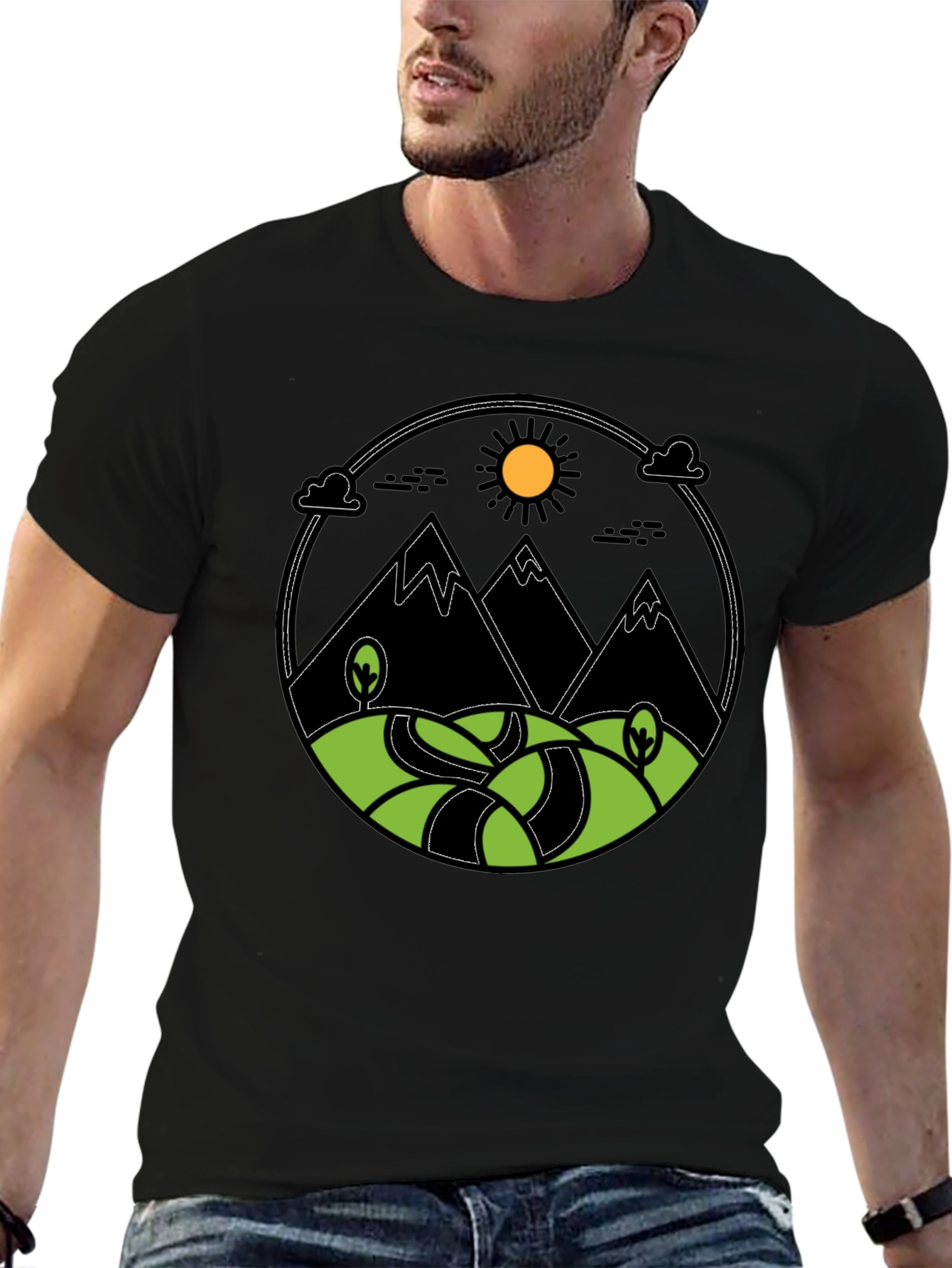 Mountain Scene Graphic Print Tee - Black