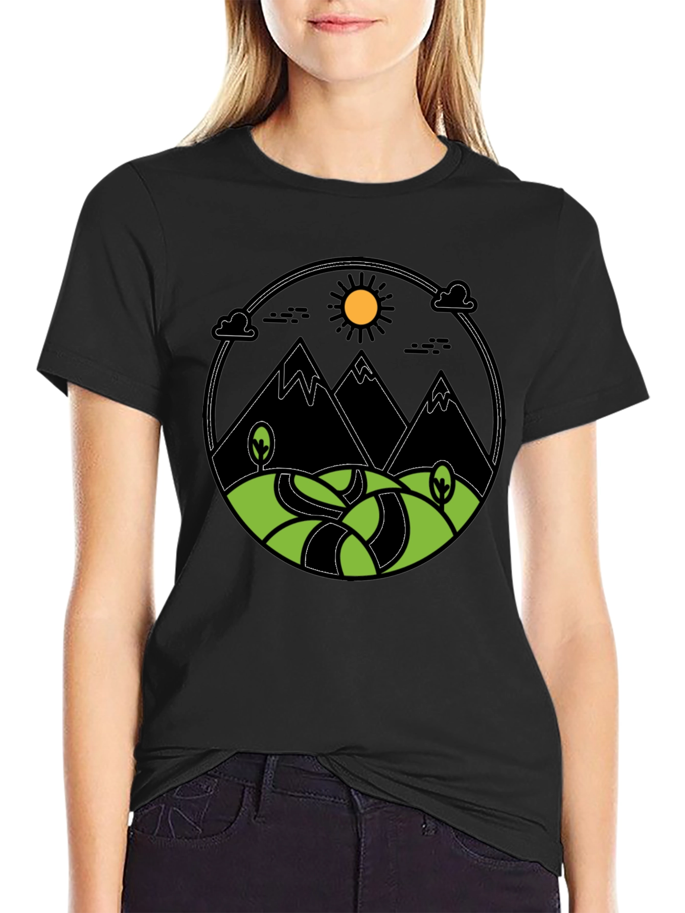 Mountain Scene Graphic Print Tee - Black