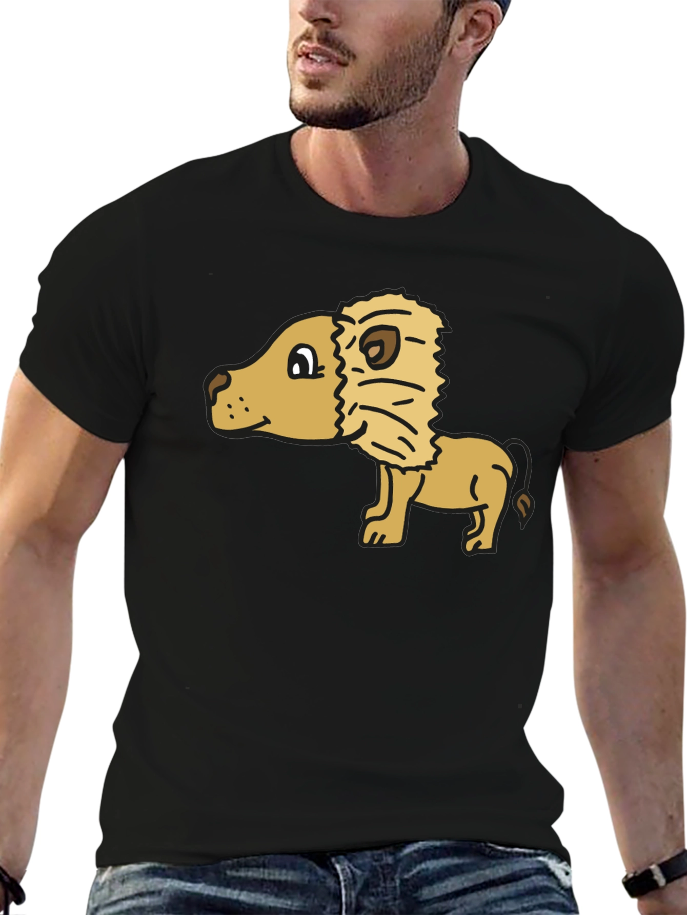 Cartoon Lion Graphic Tee - Black Cotton Casual Shirt