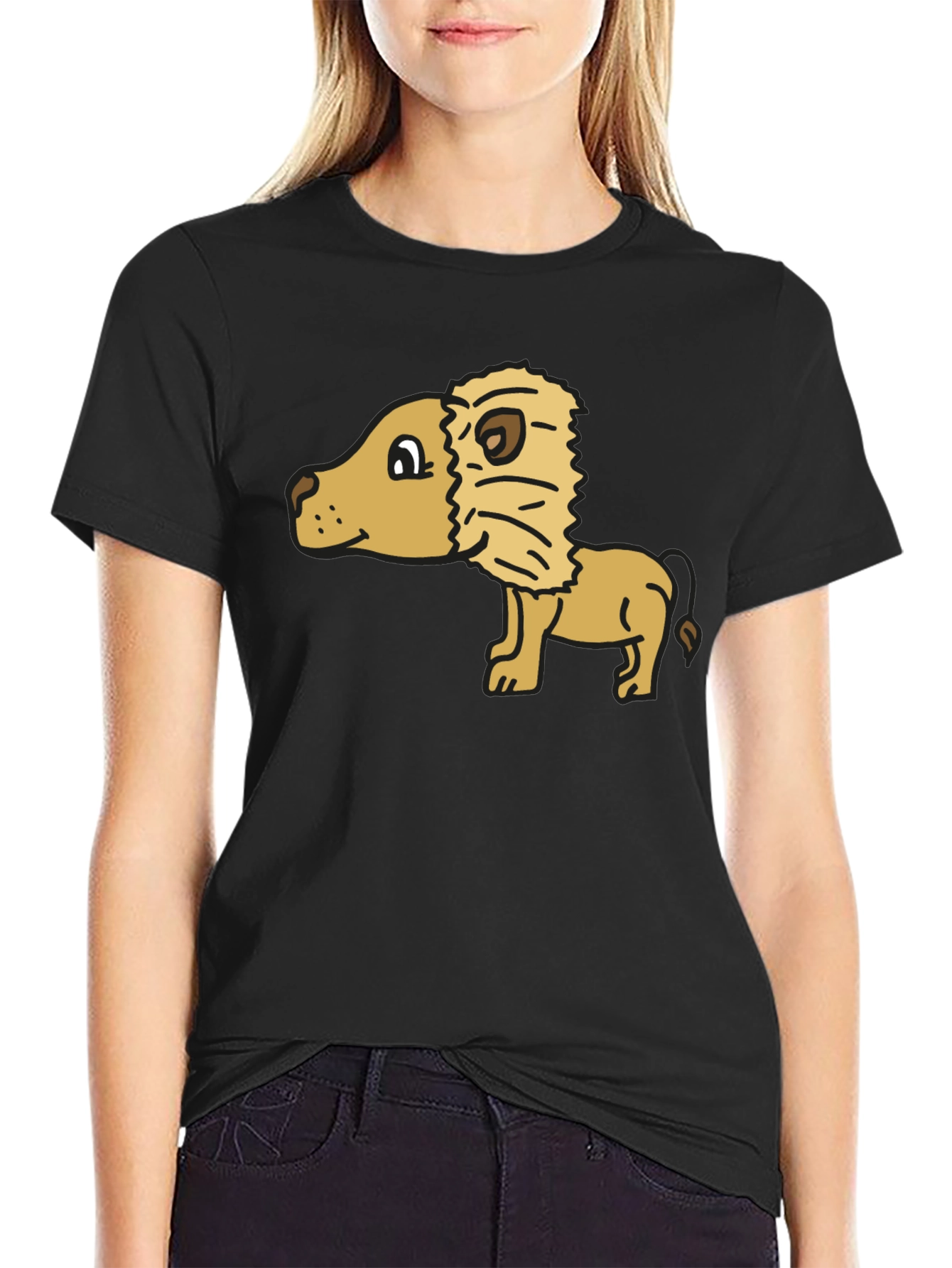 Cartoon Lion Graphic Tee - Black Cotton Casual Shirt