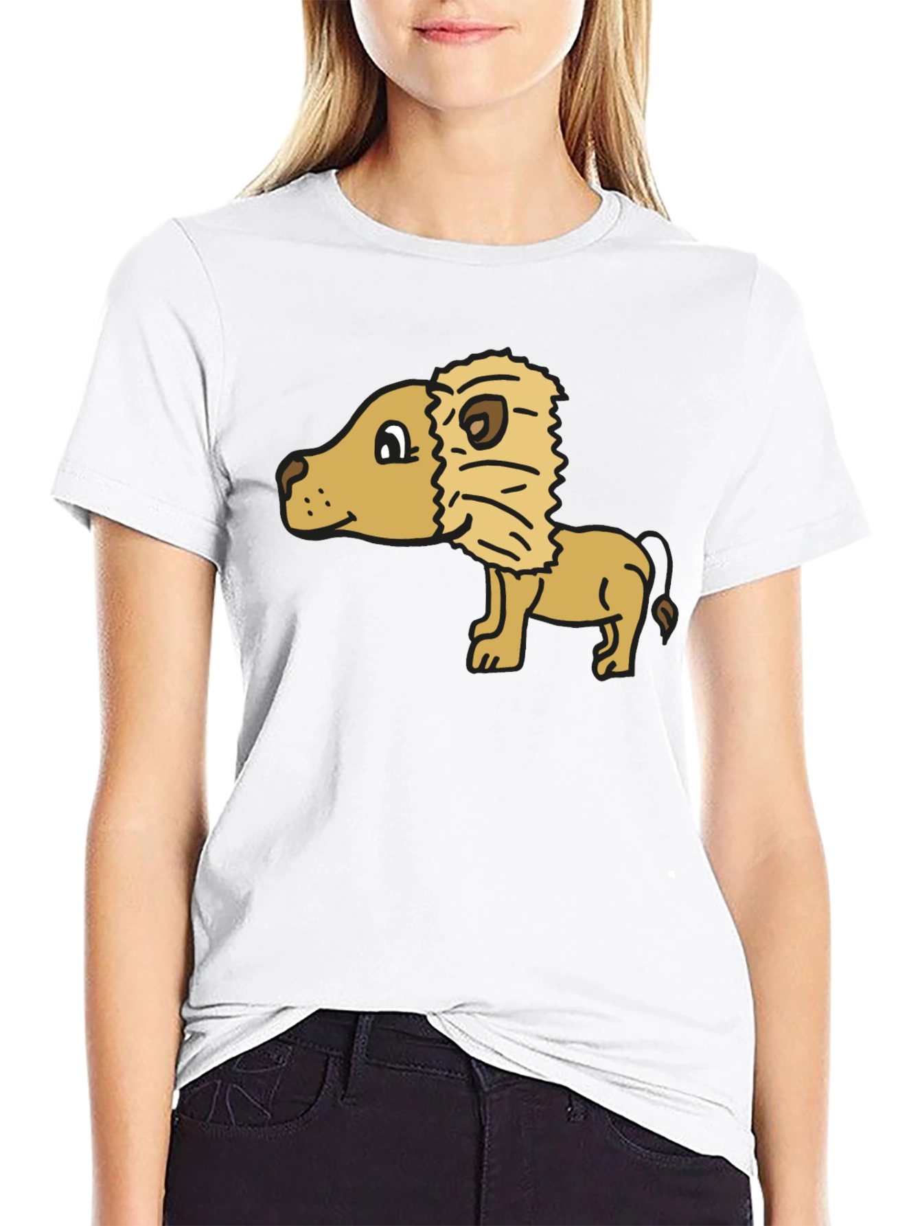 Cartoon Lion Graphic Tee - Black Cotton Casual Shirt