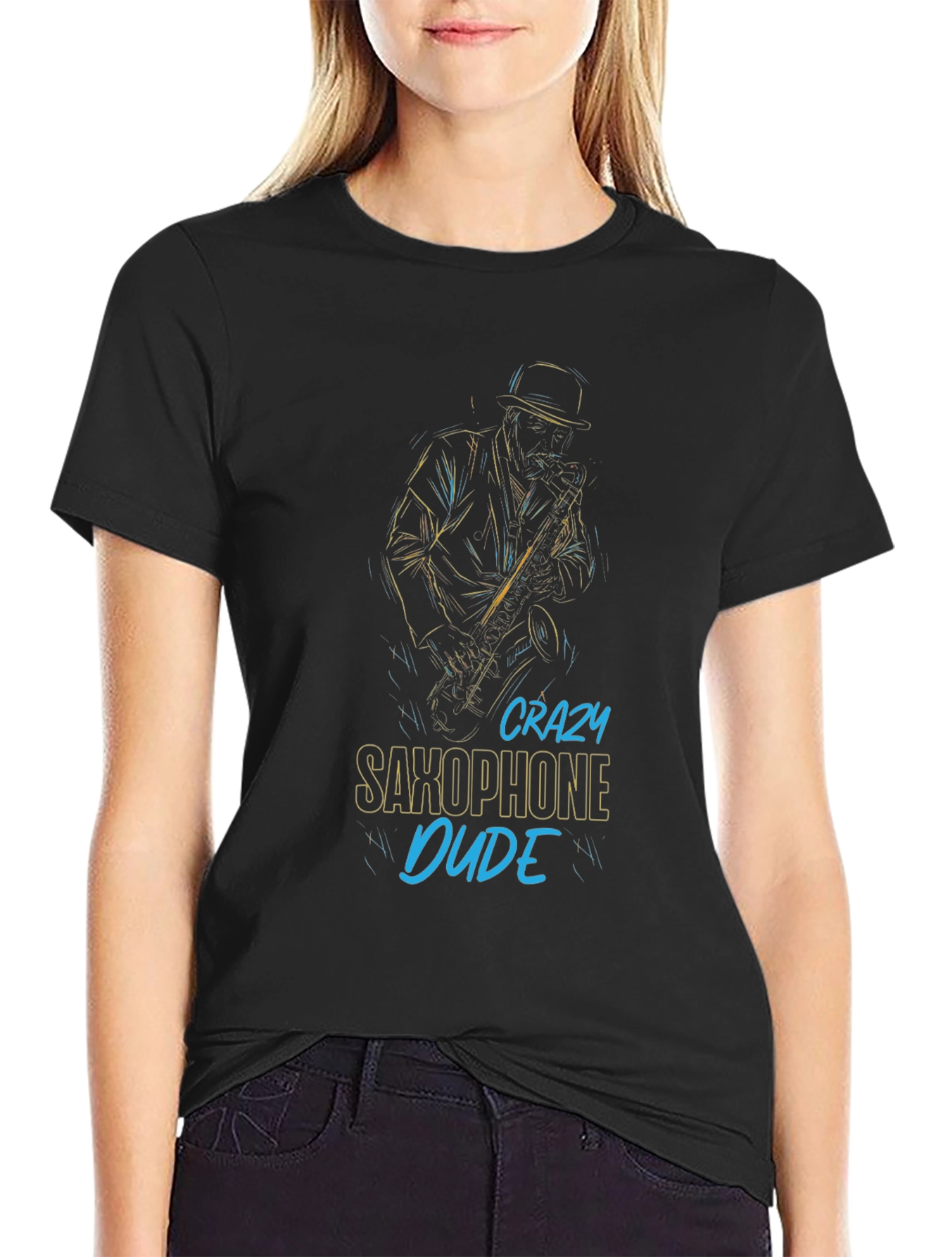 Crazy Saxophone Dude Black Graphic Tee