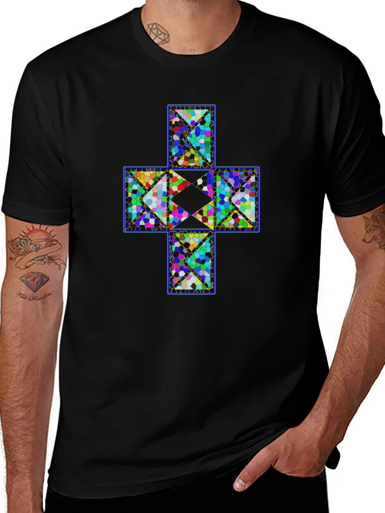 Geometric Cross T-Shirt - Abstract Mosaic Design