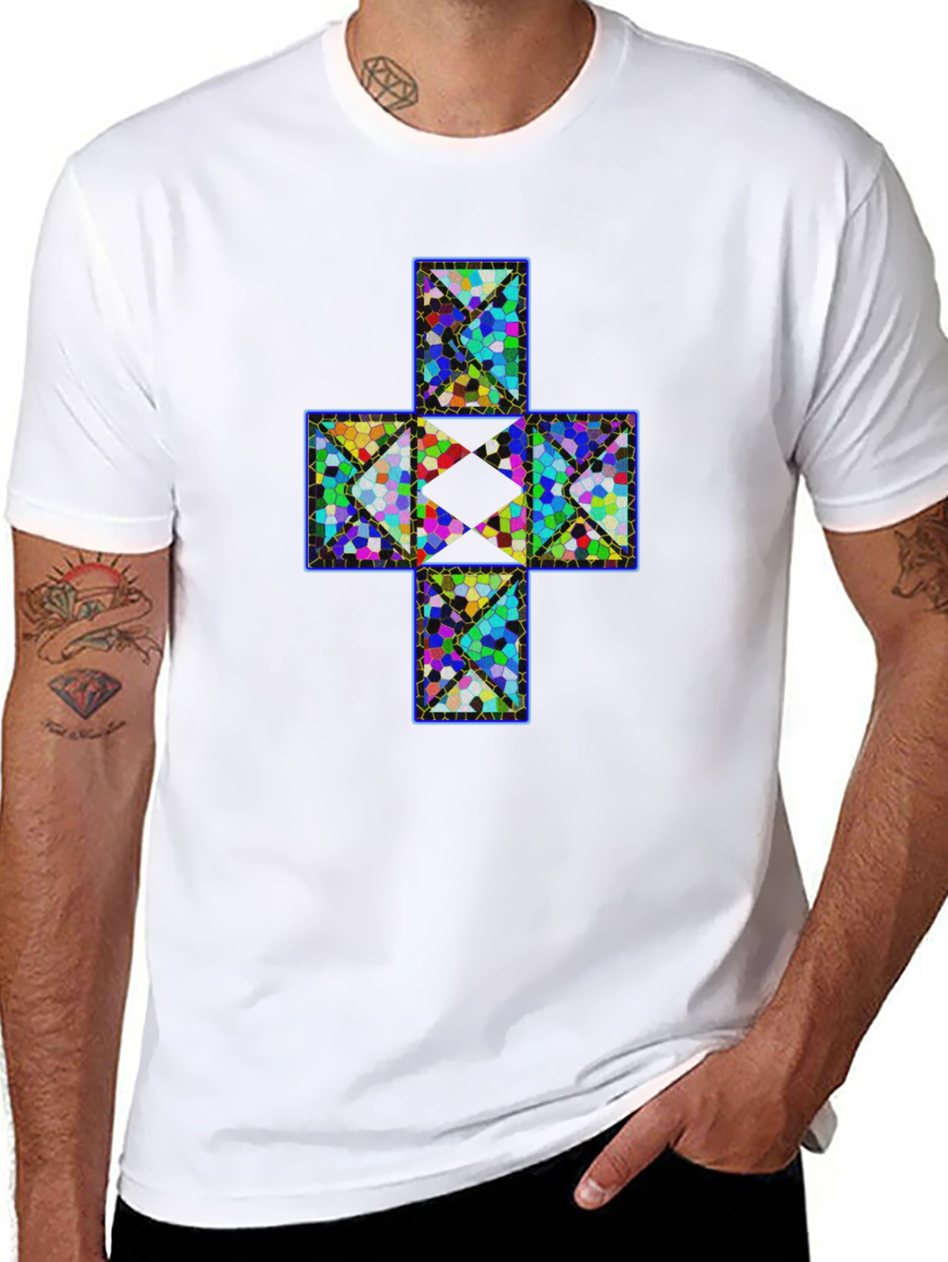 Geometric Cross T-Shirt - Abstract Mosaic Design