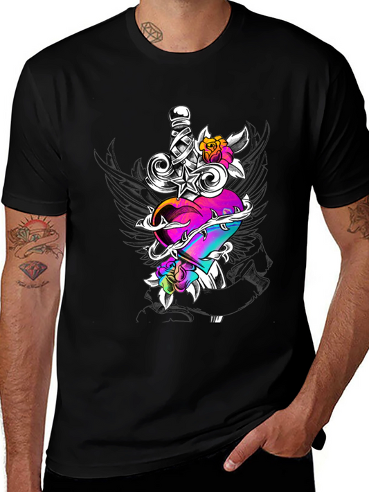 Heart & Sword Graphic Print Tee - Trendy Black T-Shirt