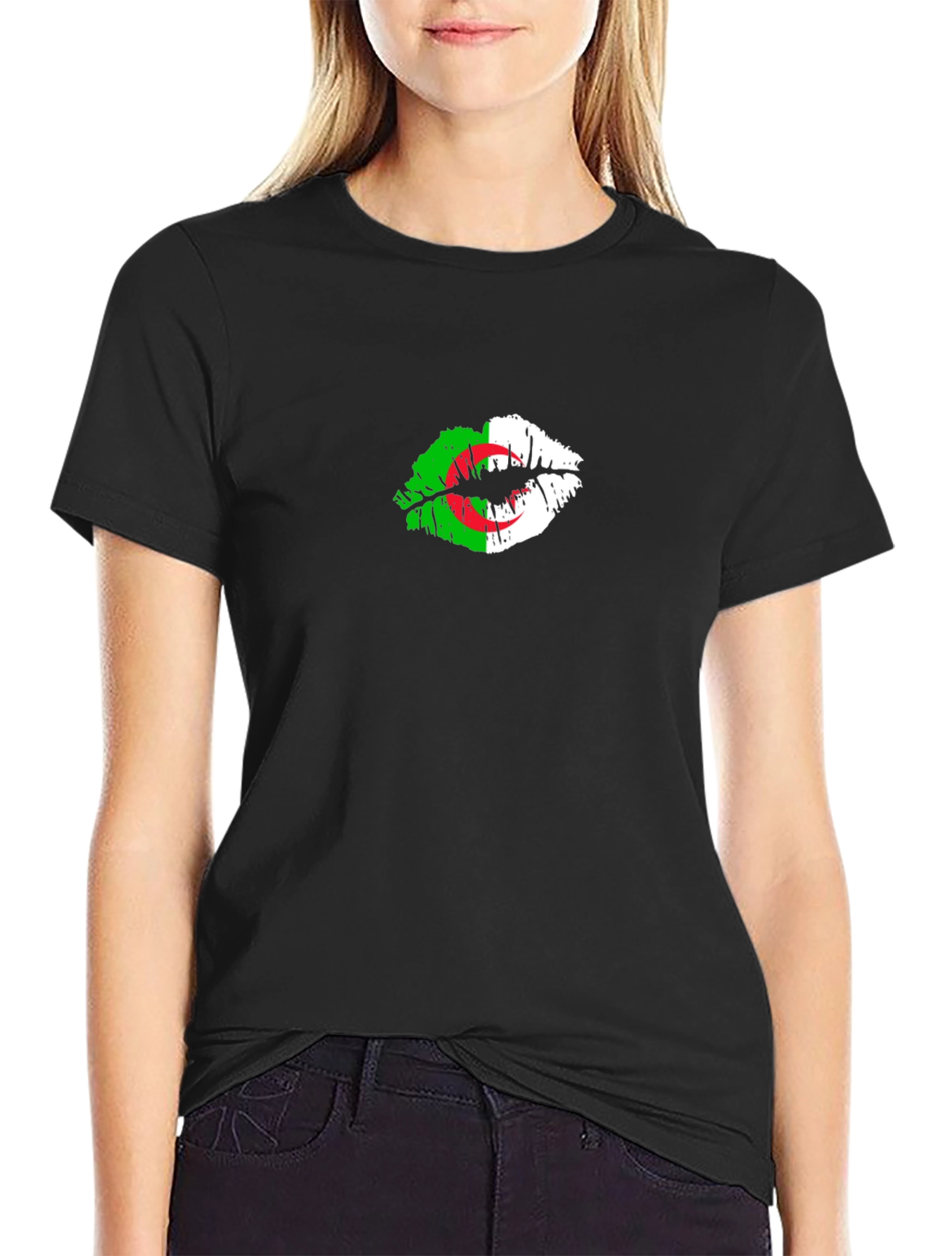Algeria Flag Lips Print Black T-Shirt