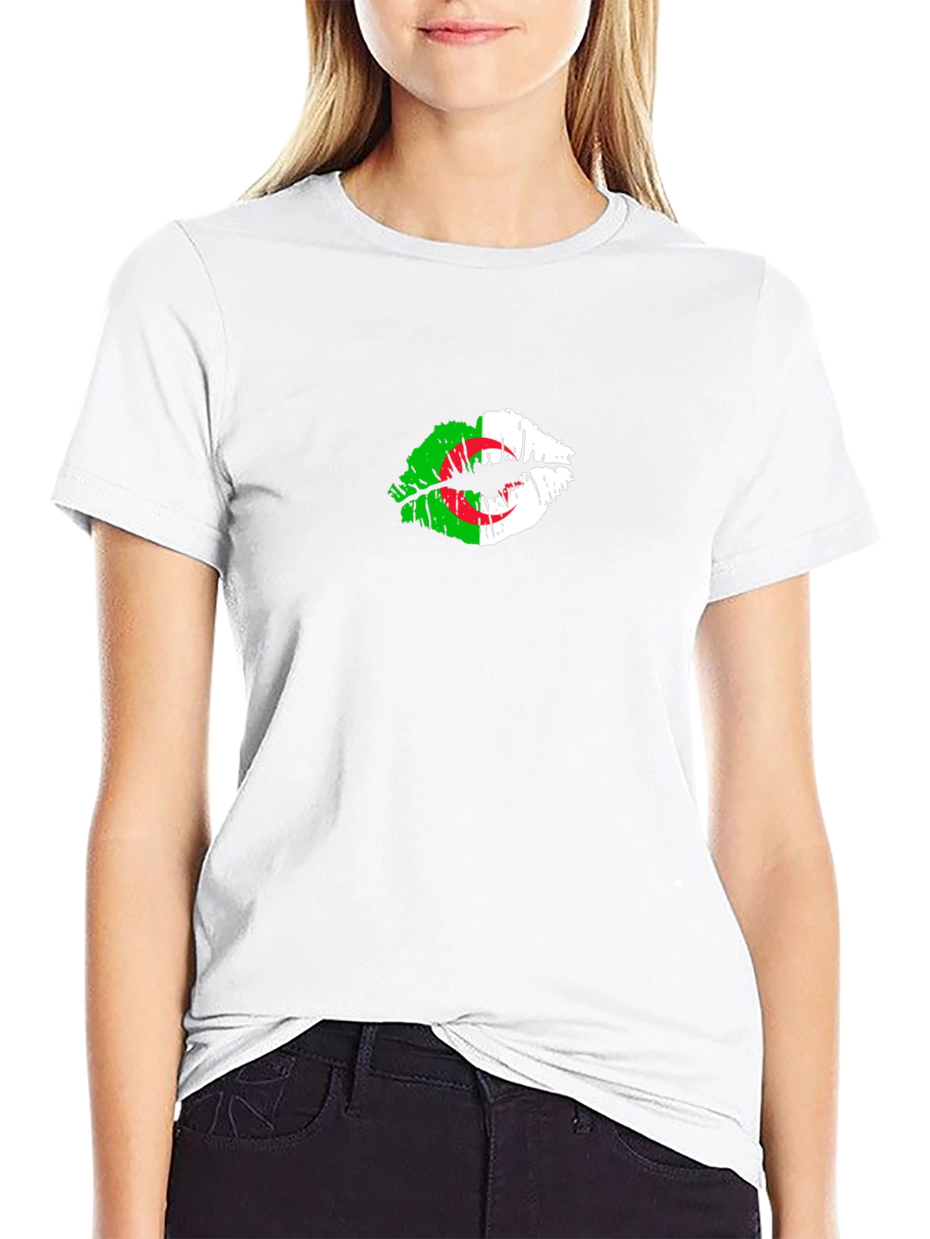 Algeria Flag Lips Print Black T-Shirt