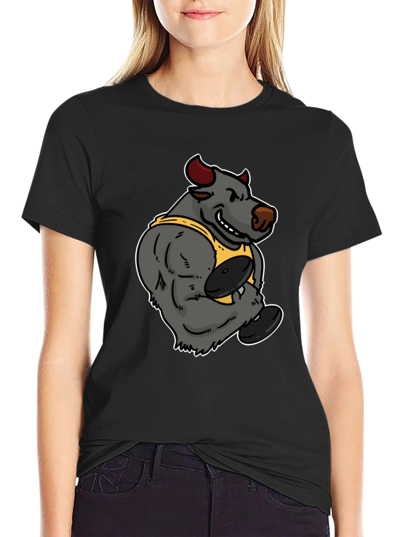 Cartoon Bull Weightlifter Graphic Tee